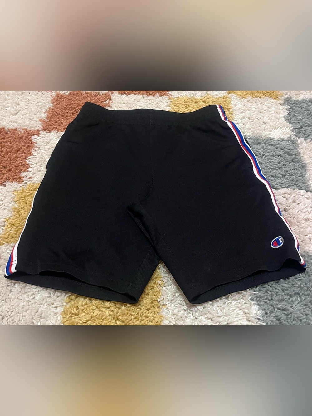 Champion Youth Black Athletic Shorts with Red-White-Blue Side Stripe